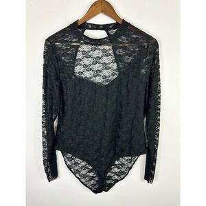 H&M Bodysuit Women XL Black Floral Lace Mock Neck Dark Romantic Whimsigoth Goth